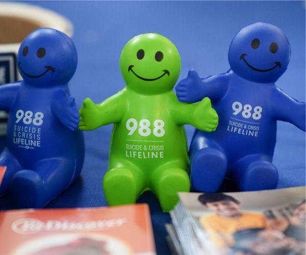 Dolls at mental health wellness event display suicide prevention number.
